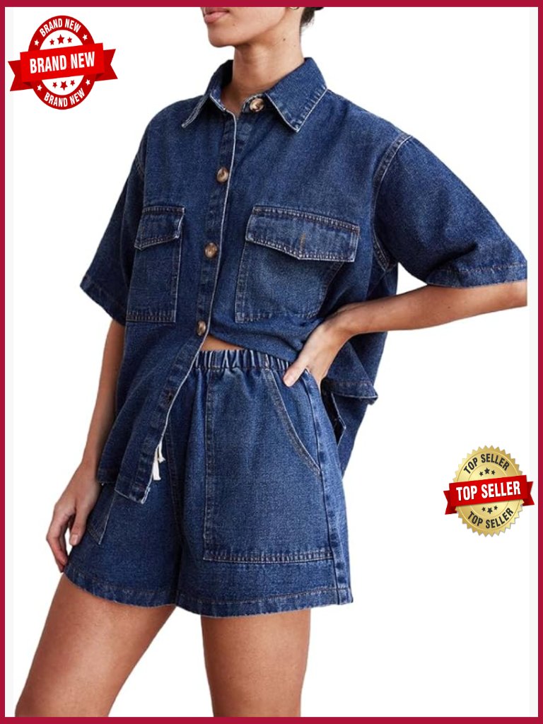 Women's Denim Shorts Set Short Sleeve Button Down Top Jean 2 Piece Outfit